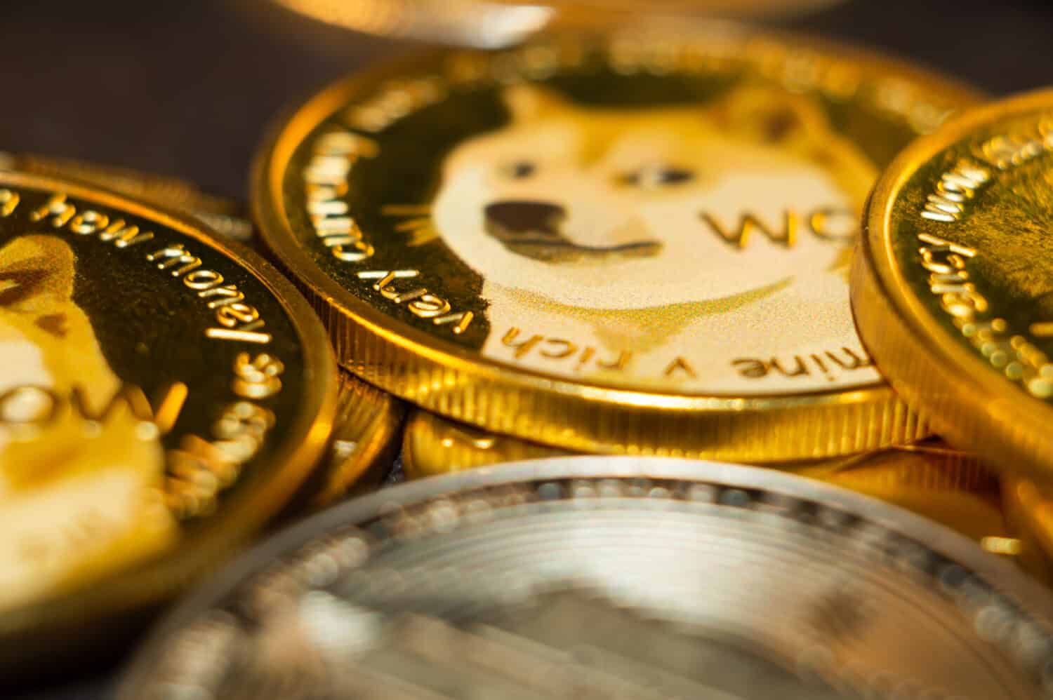 A closeup shot of cryptocurrency cash coins with a meme dog on it